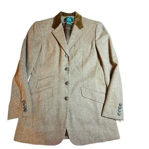 VTG Lauren Ralph Lauren Tan Tweed Equestrian Blazer Velvet Collar Horse Buttons
